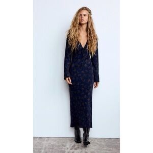 NWT Zara FLORAL PRINT MIDI DRESS, Navy